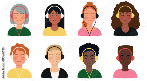 A set of avatars of men and women of different ages wearing headphones with a pleasant smiling face