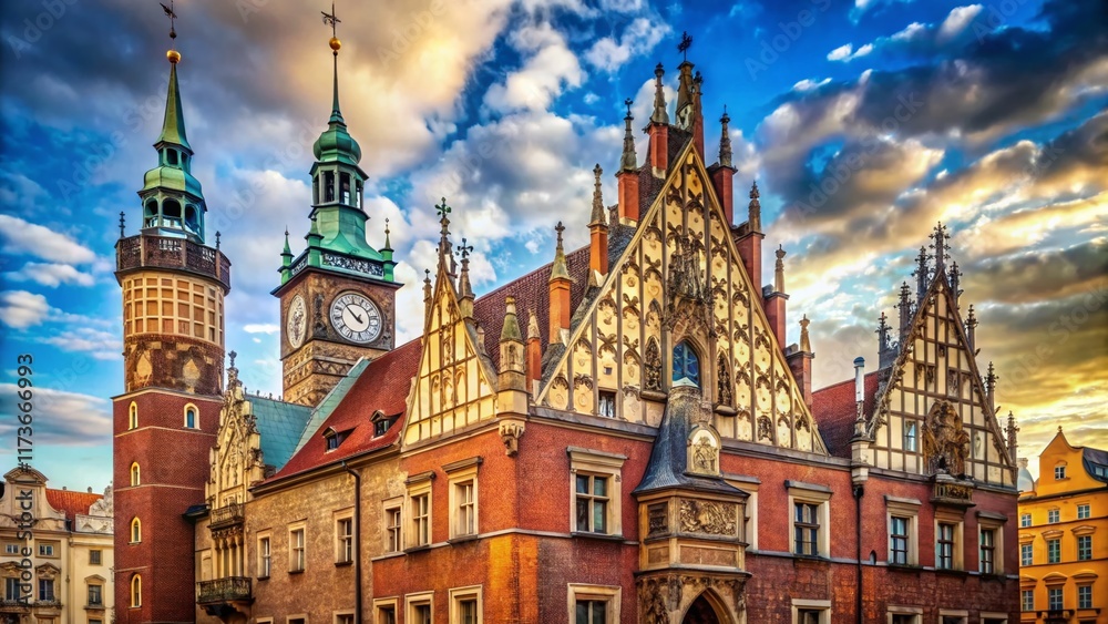 Fototapeta premium Wroclaw Old Town Hall Tower: Gothic Architecture, Market Square, Poland - Historic Landmark