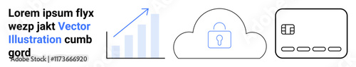 Line graph indicating growth, cloud with a padlock representing secure cloud storage, and a credit card. Ideal for finance, technology, cloud security, cyber security, financial growth, digital