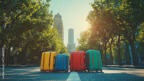 Urban city street with traffic, buildings, and recycling bins along the road under a blue sky