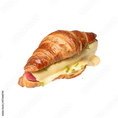  Flaky croissant filled with a hot dog, melted cheese, and garnished with fresh chives. A creative and indulgent twist on a classic snack, perfect for breakfast or lunch
 photo