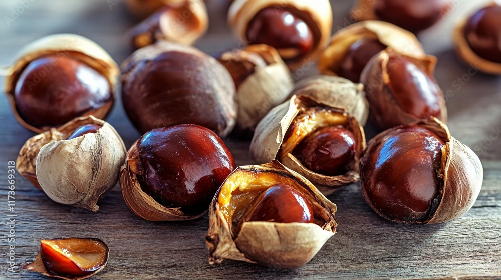 Closeup of Shiny Brown Chestnuts in Shells on Wooden Surface Closeup of Shiny Brown Chestnuts in Shells on Wooden Surface