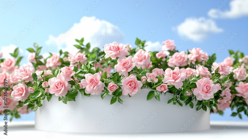 Pink roses blooming on white round platform against blue sky. Pink roses blooming on white round platform against blue sky.