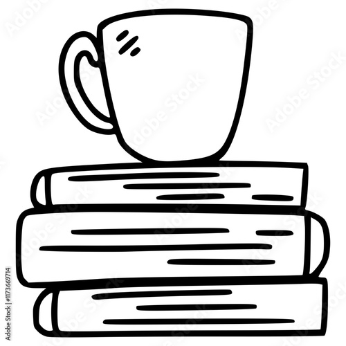 cup of coffee with stack of books hand drawn outline illustration
