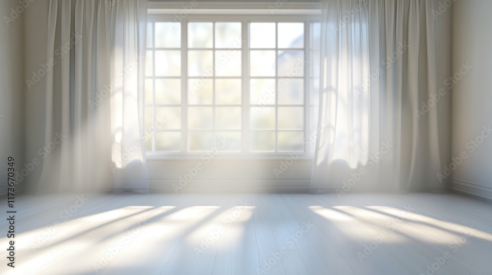 Fototapeta premium Soft light filters through sheer curtains in a bright, spacious studio room