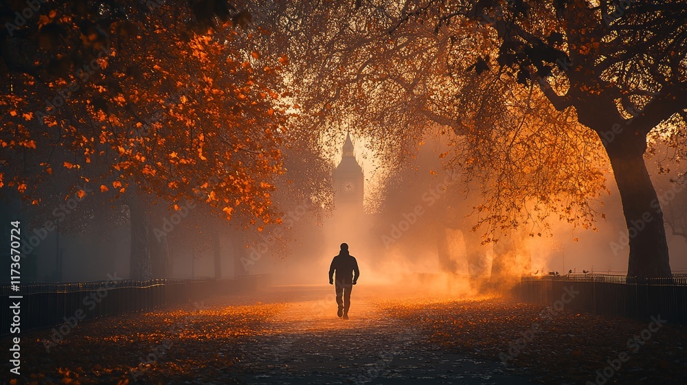 Fototapeta premium Golden Autumn Morning in a Foggy Park