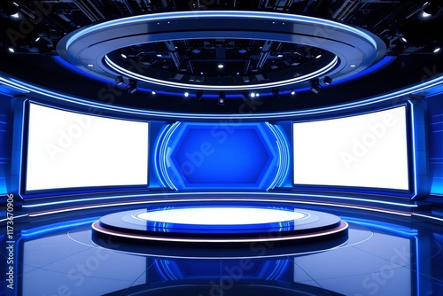 Modern futuristic stage setup with blank white screens and blue neon lights in a sleek dark space. photo