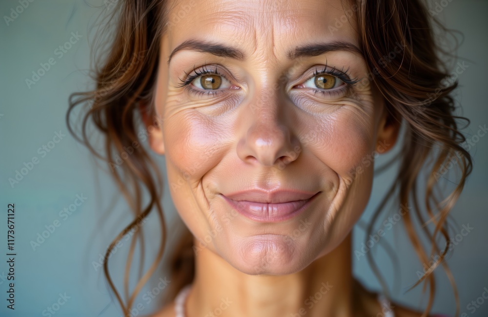 Closeup portrait of middle-aged woman. Woman brown eyes, pleasant facial expression. Looks directly at camera with gentle smile. Studio shot on grey background. Focus on facial features, emotion. Closeup portrait of middle-aged woman. Woman brown eyes, pleasant facial expression. Looks directly at camera with gentle smile. Studio shot on grey background. Focus on facial features, emotion.