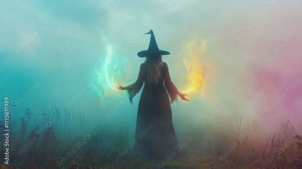 Fototapeta premium A mysterious figure in a flowing gown holds glowing energies in each hand. The atmosphere is surreal with fog. Magic comes alive in this enchanting scene. Generative AI