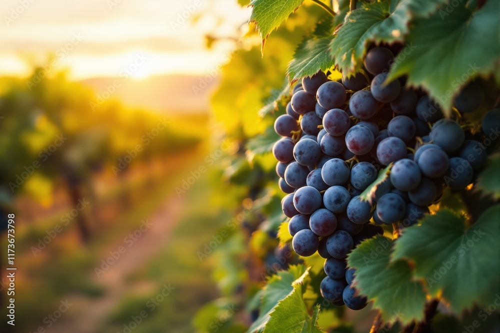 Fototapeta premium Close-up of ripe grapes on a vine in a sunlit vineyard with blurred background.