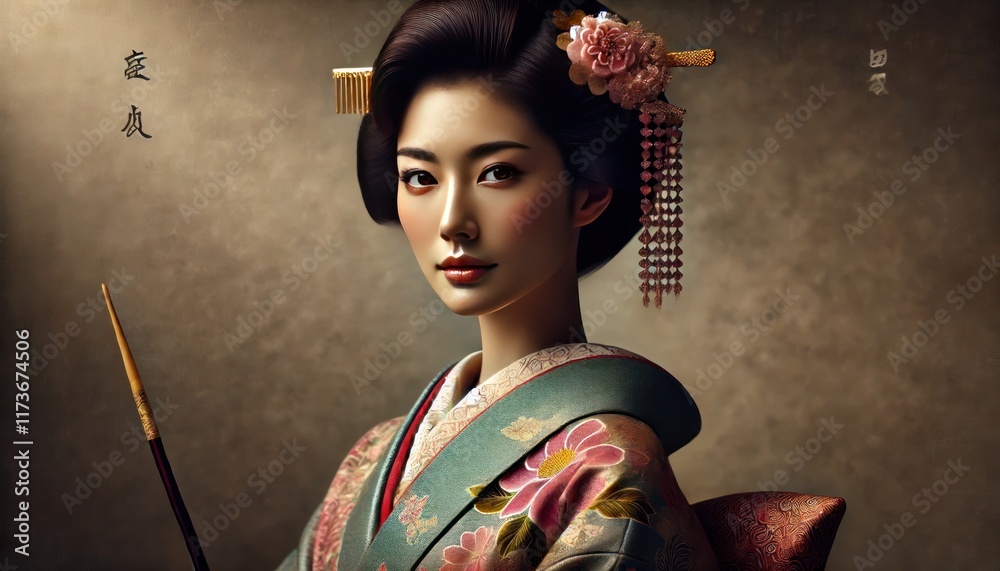 Elegant Japanese woman in traditional kimono with floral ornamental design Elegant Japanese woman in traditional kimono with floral ornamental design
