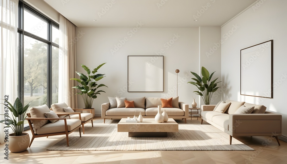 Fototapeta premium Minimalist Living Room with Neutral Colors and Large Windows