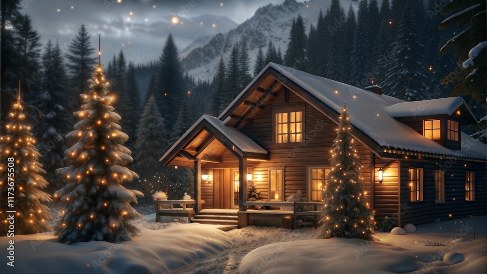 Cozy wooden cabin in winter forest, beautifully decorated with Christmas lights and snow Cozy wooden cabin in winter forest, beautifully decorated with Christmas lights and snow
