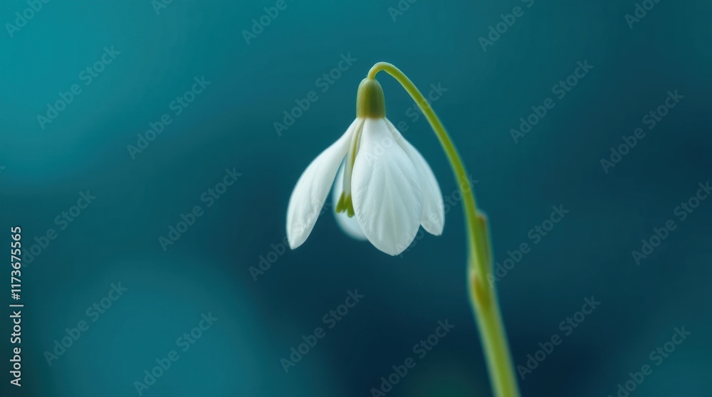 Delicate Snowdrop Flower Against Teal Background Delicate Snowdrop Flower Against Teal Background
