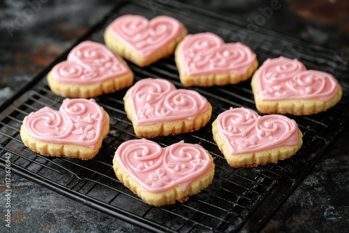 Pink heart-shaped cookies with intricate icing designs, freshly baked and cooling on a wire rack. photo