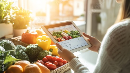Fototapeta Naklejka Na Ścianę i Meble -  Woman is making online supermarket grocery shopping using digital tablet at home, buying fresh vegetables and fruits from e commerce web store, ordering healthy food delivery