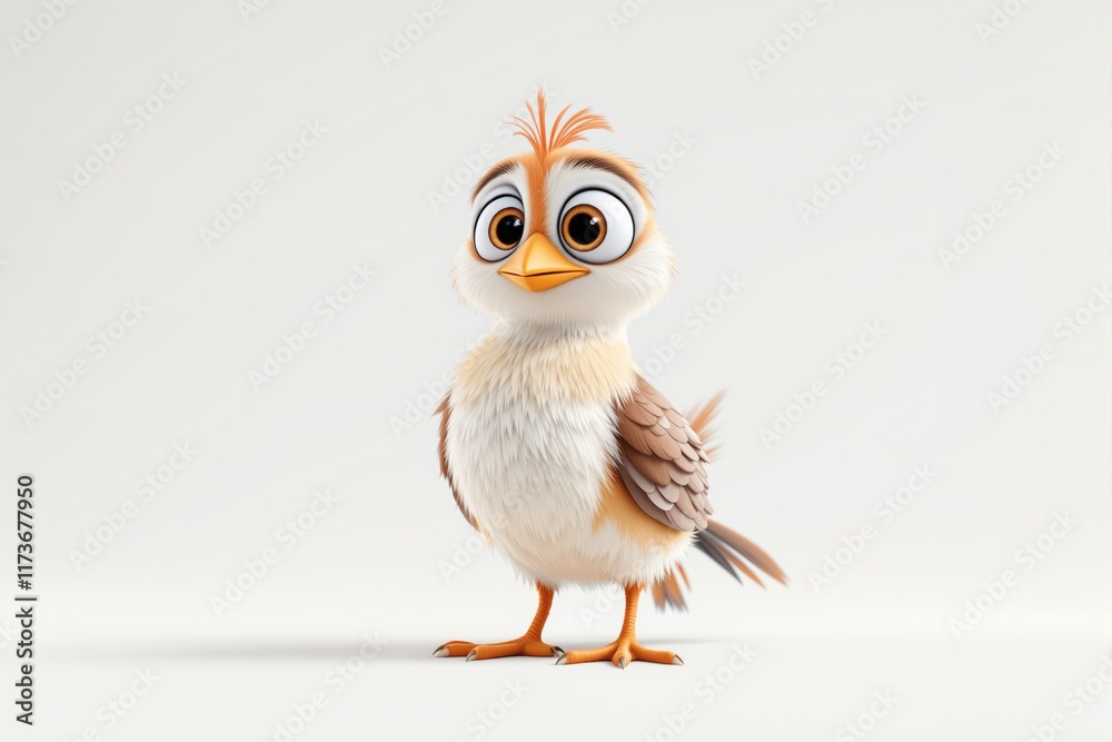 Obraz premium Cartoonish small bird with detailed feathers and large eyes on white background.