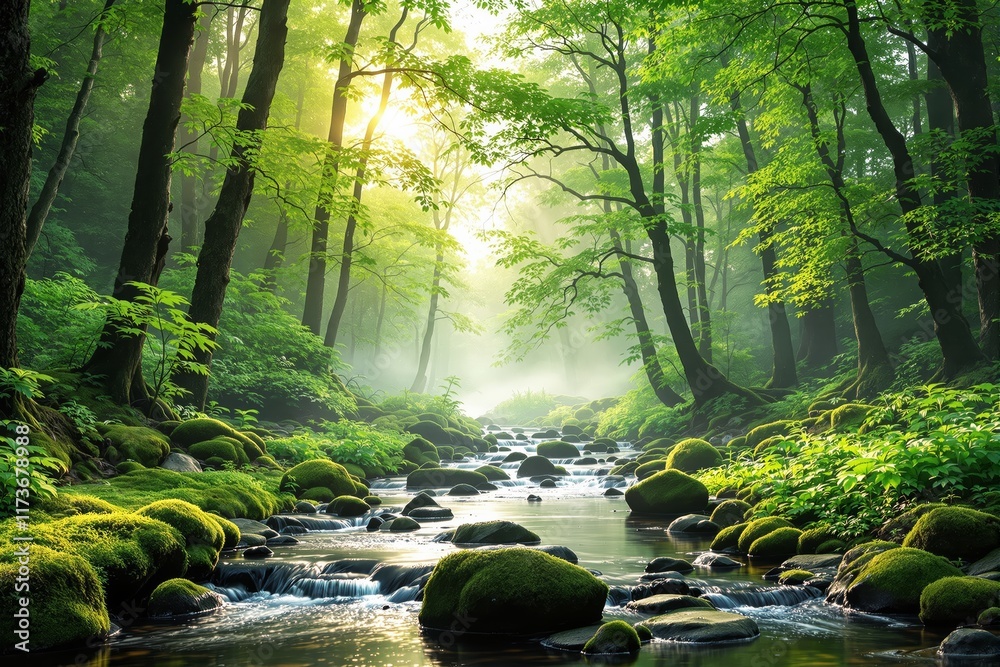 Obraz premium Serene forest stream with sunlight piercing through lush green trees.