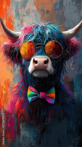 Humorous and artistic portraits of Highland cows in stylish outfits, AI generated