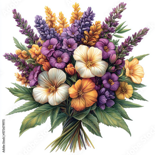 Colorful wildflower bouquet tied, white background, floral arrangement