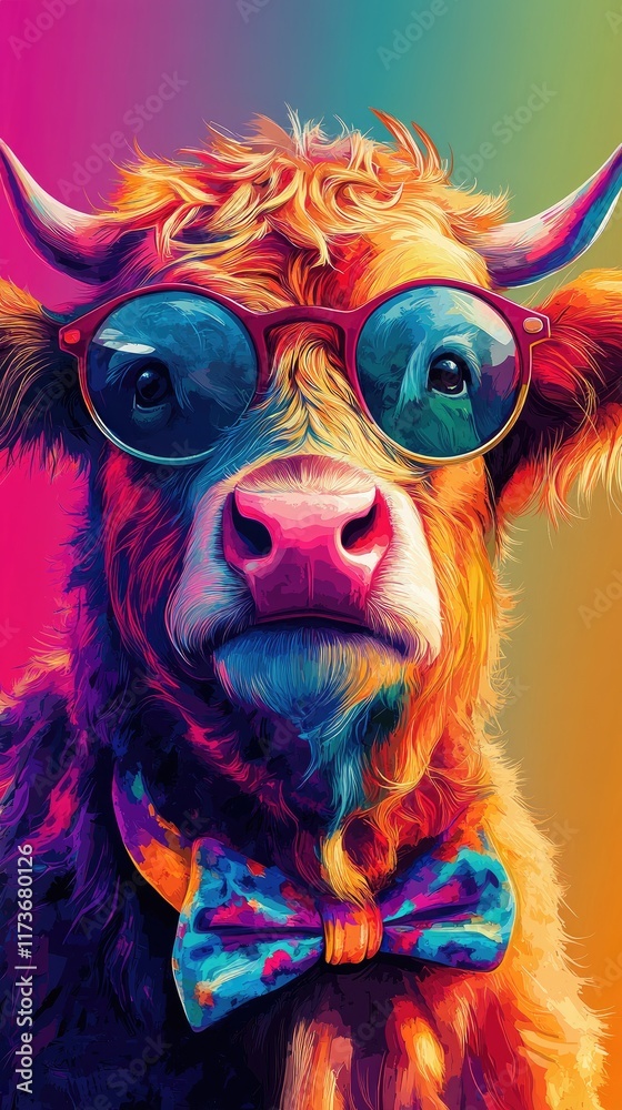 Humorous and artistic portraits of Highland cows in stylish outfits, AI generated Humorous and artistic portraits of Highland cows in stylish outfits, AI generated