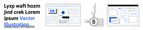 Three segments display a blockchain symbol, data analytics dashboard, and web design code. Ideal for technology, blockchain, data science, web development, digital marketing, analytics, education