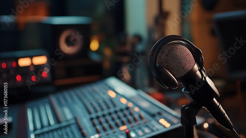 A recording studio, headphones over the high-quality microphone, the place surrounded by audio equipment. World Radio Day photo