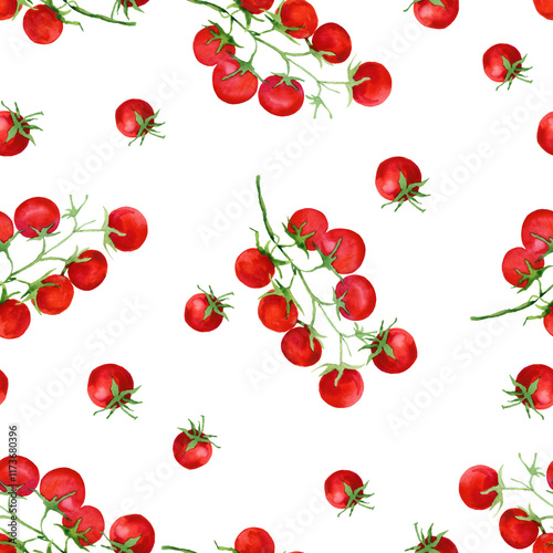 Seamless watercolor pattern of tomatoes. perfect for culinary packaging and label design