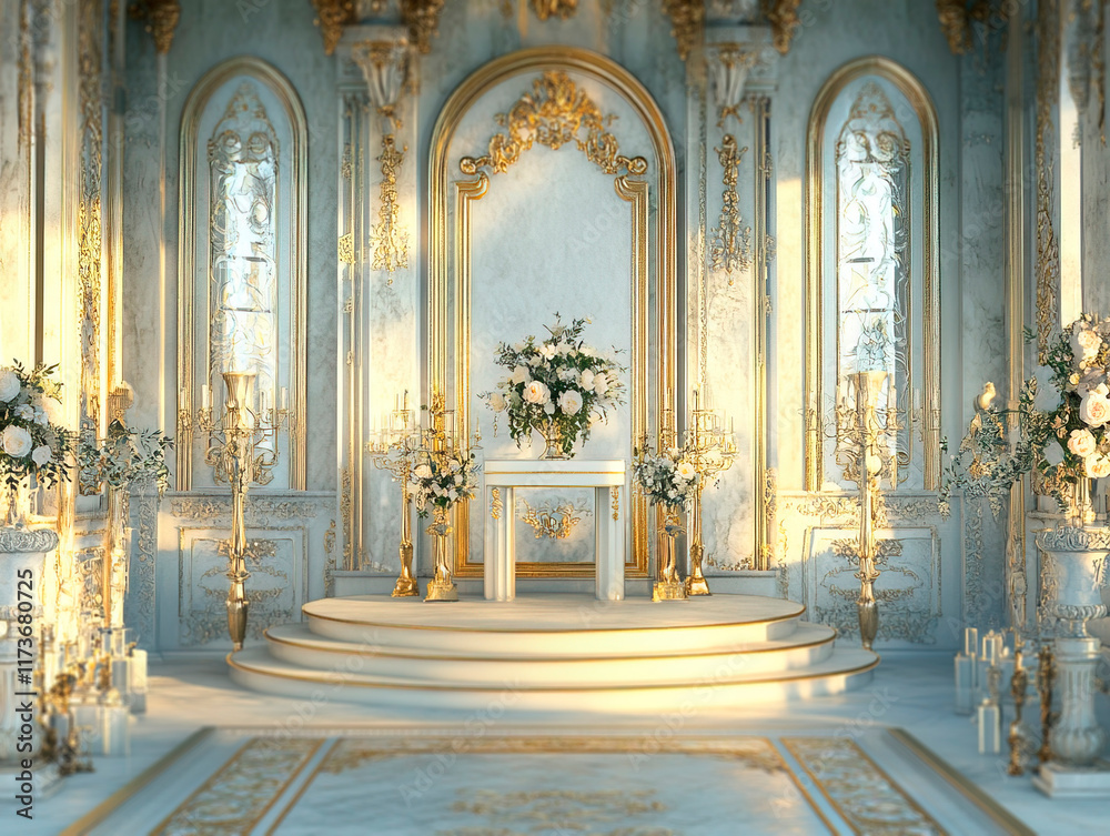 Obraz premium A grand, ornate church interior featuring a gilded chancel, marble surfaces, and an elaborate throne-like chair The setting suggests a religious service or special event, with flo - Generative AI