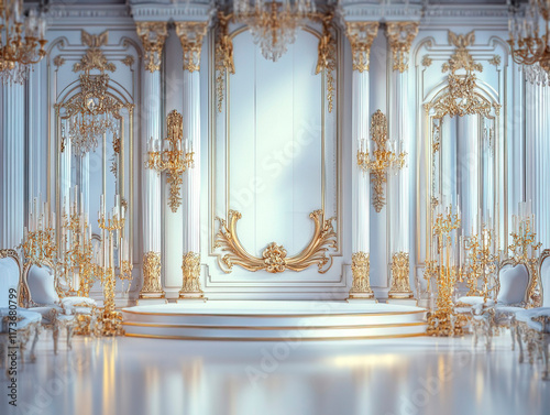 A grand, ornate palace room with marble columns, golden accents, intricate designs, statues, stairs, benches, embellished walls, paintings, reflective floor, soft shadows, and luxu - Generative AI photo