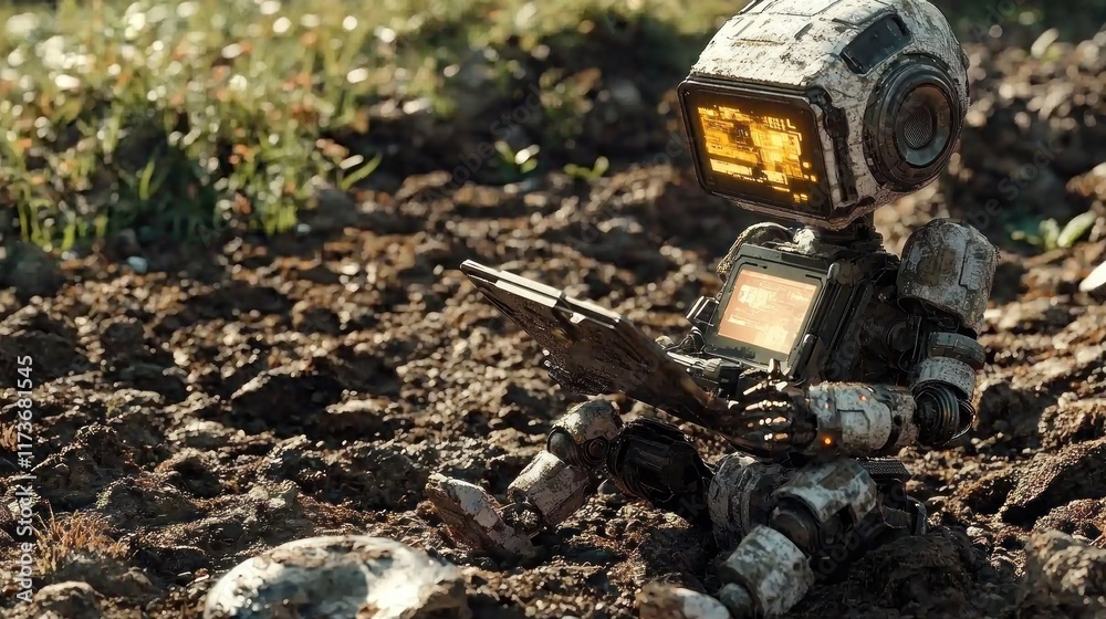 Fototapeta premium Rusty Robot's Peaceful Reading Session in a Post-Apocalyptic Landscape