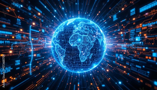 Global Digital Network with Glowing Connections and Earth Globe