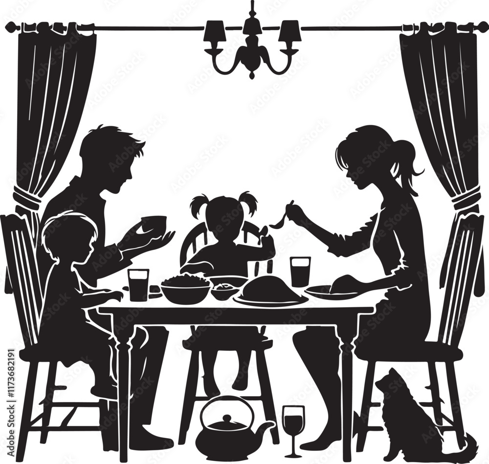 Fototapeta premium child eating dinner with family at the table silhouette vector illustration