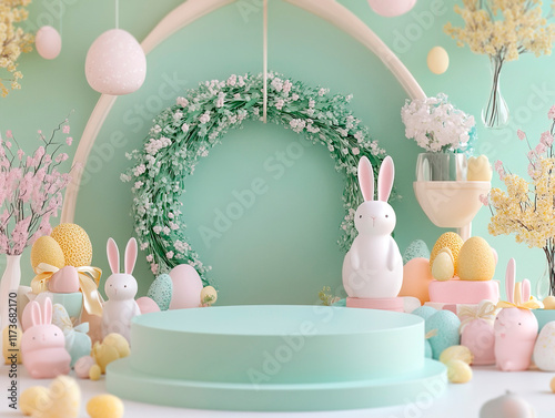 An Easter egg hunt scene with vibrant, scattered eggs of various sizes and colors, surrounded by a plush teddy bear and flower decorations on a green-draped table The backdrop is - Generative AI photo