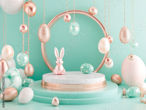 A whimsical Easter scene with a small, delicate bunny on a marble pedestal surrounded by floating gold, silver, and pearl white Easter eggs The setup includes gemstones in matchin - Generative AI photo