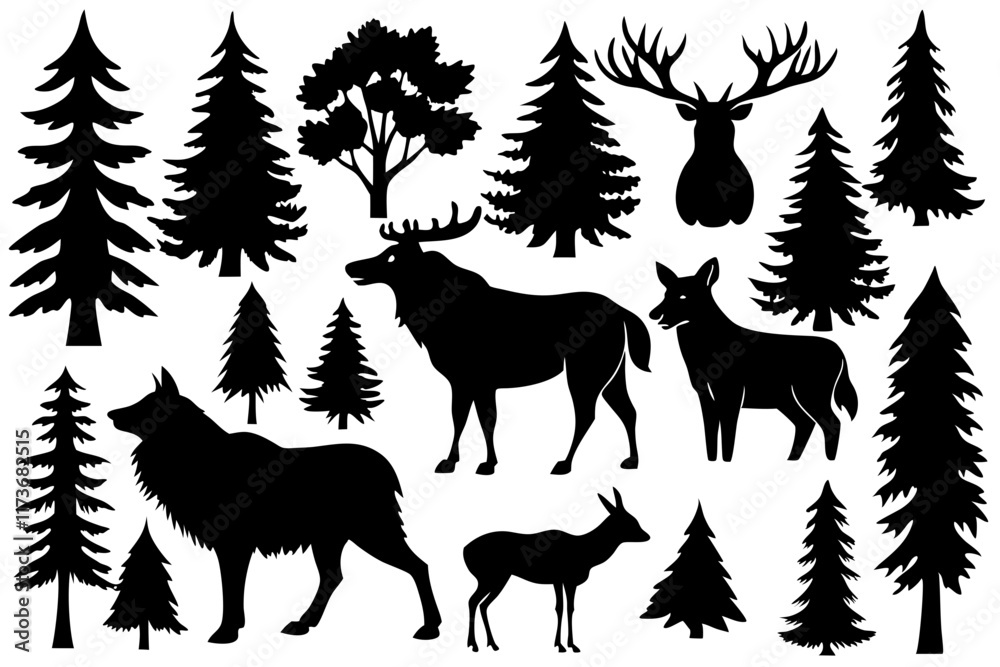 Silhouette Wildlife Forest Scene with Deer, Trees, and Birds Vector Silhouette Wildlife Forest Scene with Deer, Trees, and Birds Vector