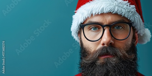 Minimalistic depiction of a man in a Santa hat against a solid blue background