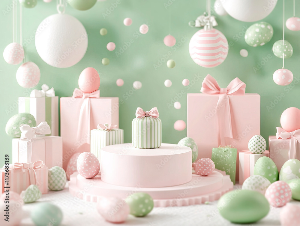 A vibrant Easter scene with a pink frosted cake, two wrapped gifts, and suspended pastel Easter eggs against a light green backdrop - Generative AI