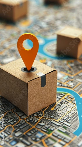 Carton box with location pin placed on a city map highlighting navigation and delivery concepts