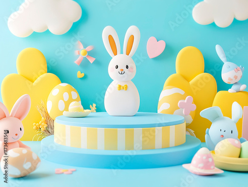 An Easter-themed image showcases a bunny figurine on a multi-tiered cake, surrounded by scattered Easter eggs The background has a soft blue to pink gradient - Generative AI