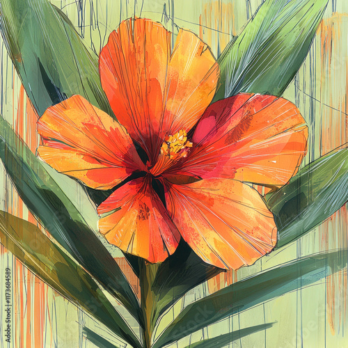 Orange hibiscus bloom with green leaves on textured background, ideal for wall art
