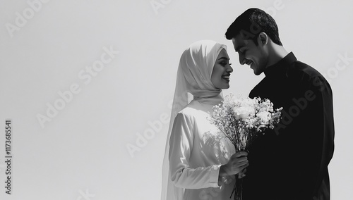 Happy Muslim couple in love, holding flowers.