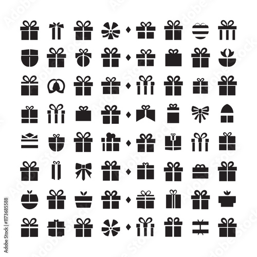 Gift boxes with ribbon icons Set. Gift box flat line silhouette on white background gift box with ribbon silhouette vector.