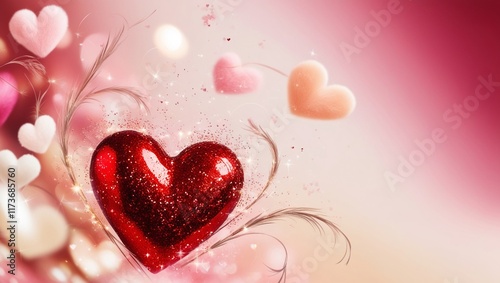 Background with hearts. Sparkling red heart on a romantic background. Valentine's Day Banner. Greeting card, Valentine's Day invitation.