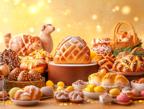 A colorful arrangement of pastries, breads, and baked goods on a table with a central loaf Eggs in a basket suggest Easter tradition The scene radiates warmth and indulgence, enh - Generative AI photo