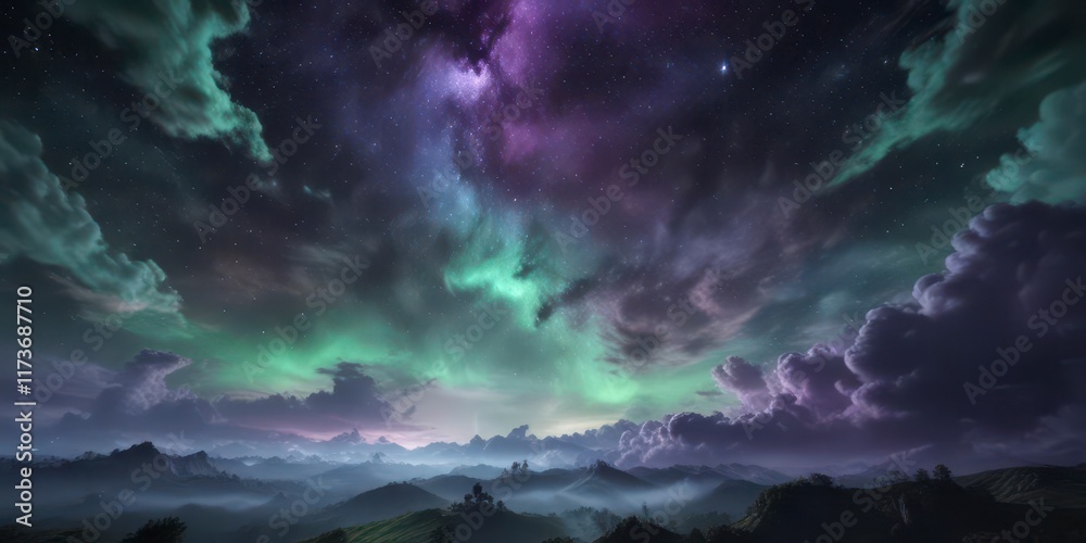 Fototapeta premium Celestial night sky with swirling clouds of purple and green, purple, cloud