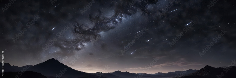 Naklejka premium Dark celestial canvas with twinkling stars stretching across the sky, night sky, galaxy