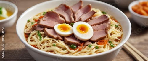 Close-up of juicy pork slices and creamy egg yolk in a bowl of hot noodles, pork belly,  meaty