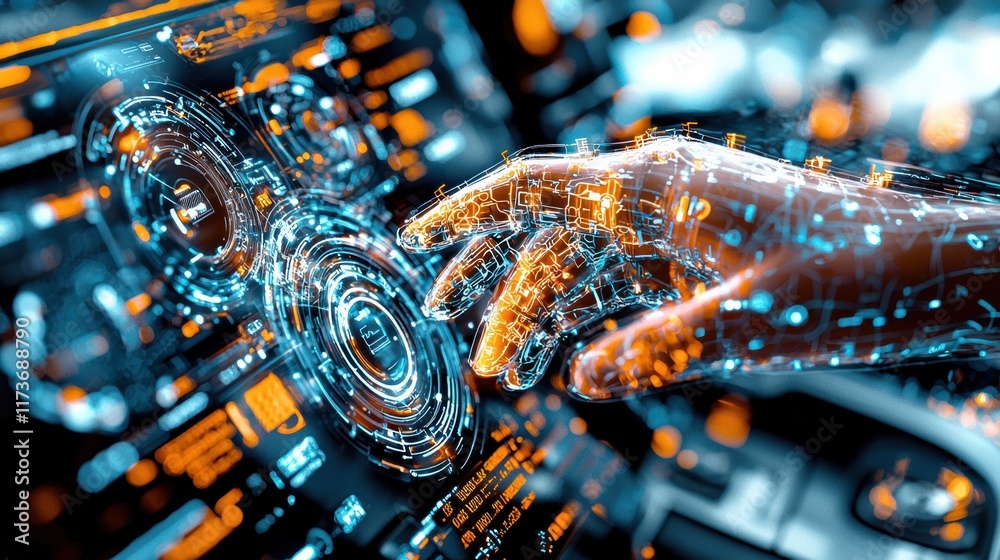 Fototapeta premium Futuristic hamster in robotic suit navigates through a neon-lit laboratory filled with high-tech gadgets