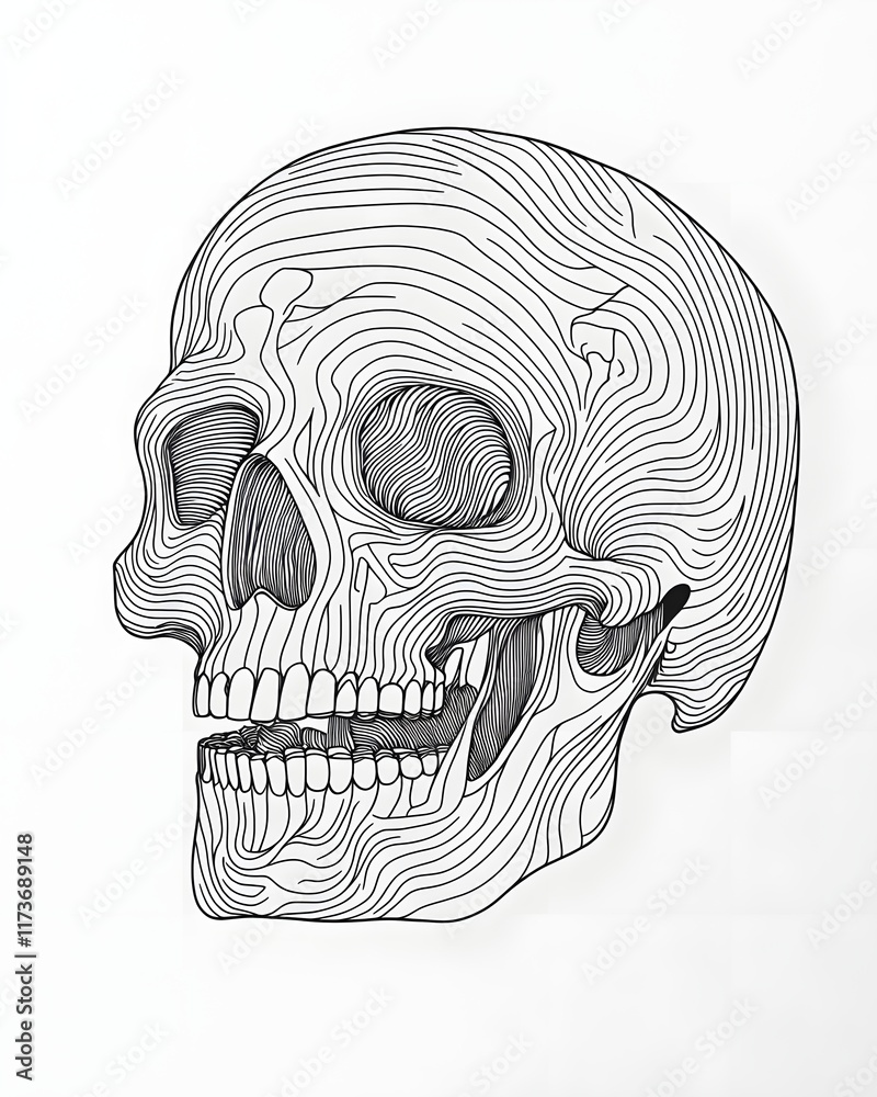 Stylized Skull With Optical Illusion Line Drawing on White Background Stylized Skull With Optical Illusion Line Drawing on White Background